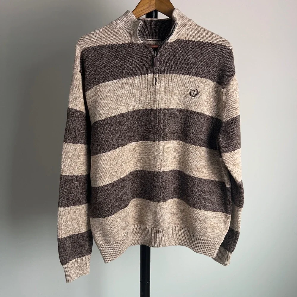 Chaps Mens XXL Brown Tan Striped 1/4 Zip Cotton Knit Mock Neck Sweater Pullover